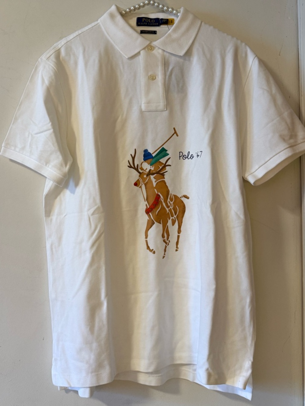 Polo Ralph Lauren White Polo with Festive Reindeer Graphic and Ski Bear